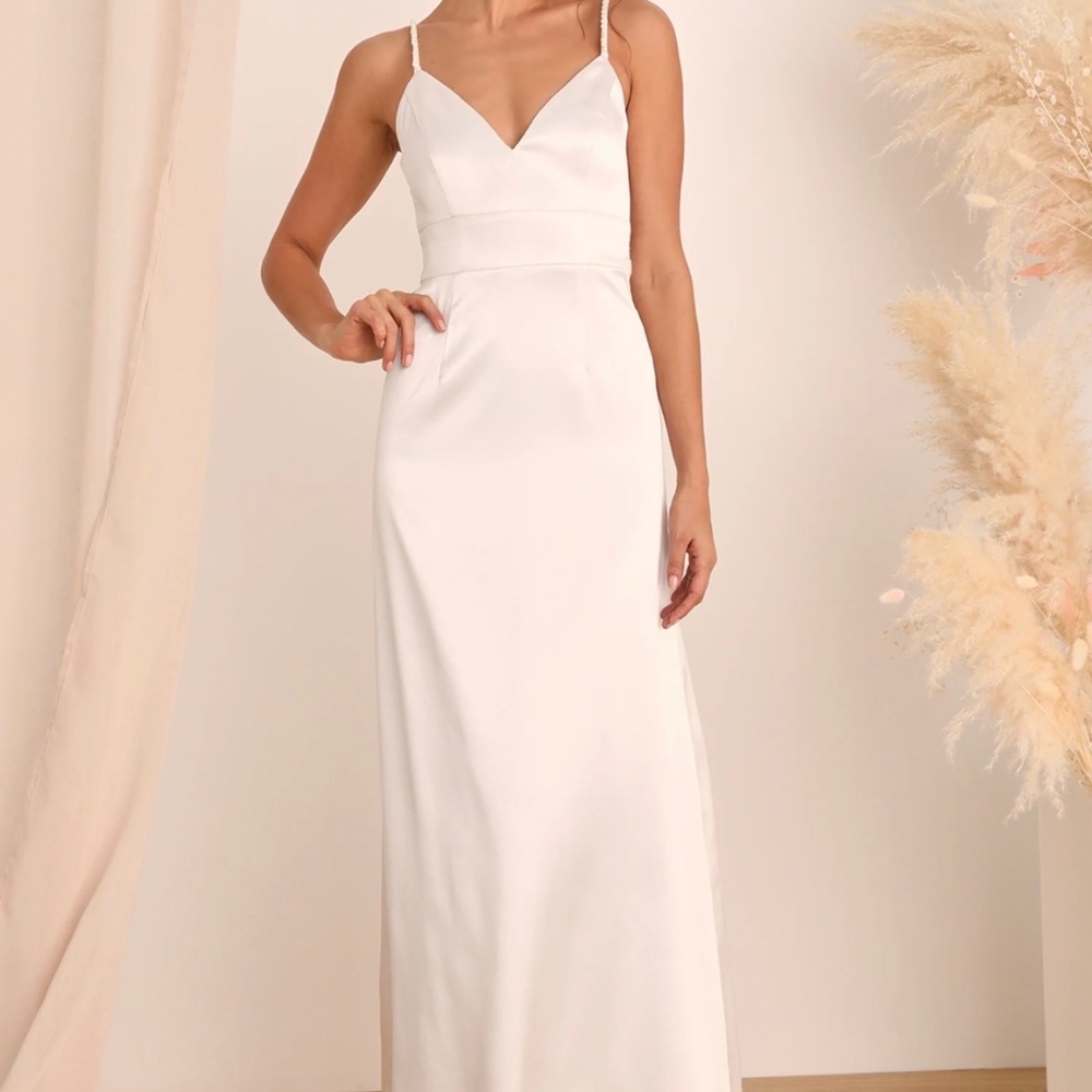 Lulus Lulu’s Ready For Forever White Satin Pearl Tie-Back Maxi Dress